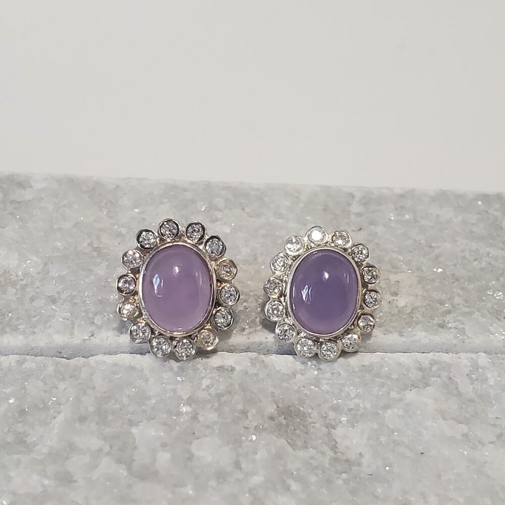 Lavender Jade Cabochon Cubic Zirconia CZ Sterling Silver Earrings